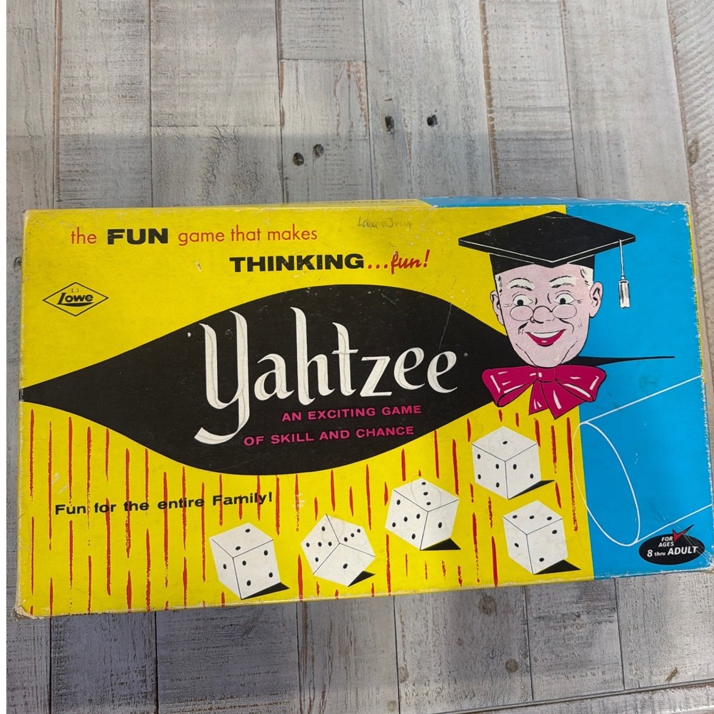 Vintage E.S. Lowe Yahtzee Board Game 950 Original Box Dice Chips Score Pads 1956